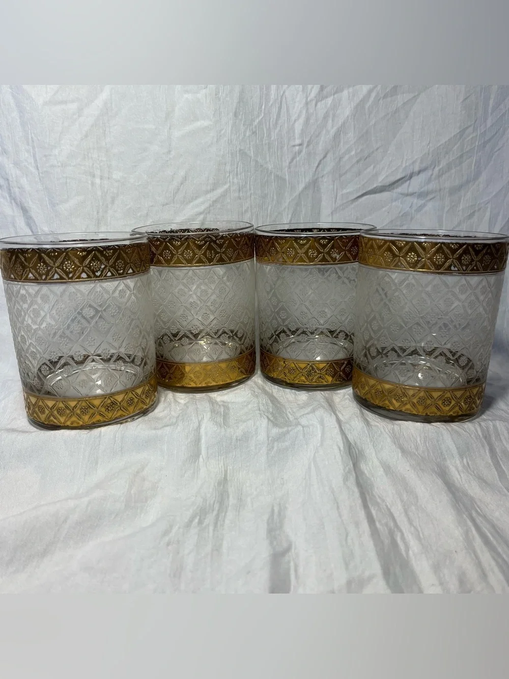 4 Vintage Culver Scintilla 22k Gold Lowball Tumblers MCM Hollywood Regency Rocks